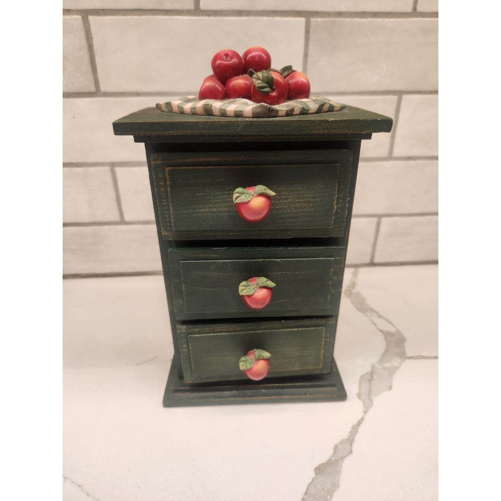 Three Drawer Table Top Wooden Chest Country Apples Green Cottagecore Primitive
